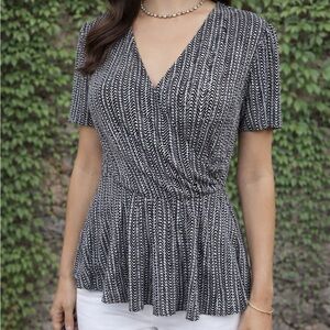 EVRI Black and White Chevron Stripe Surplice Top, 2X